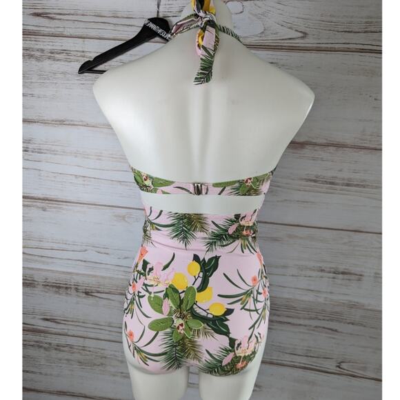 Patpat Tropical Lemon Print Pink Retro Look Halter One-piece Bathingsuit Small - Picture 4 of 4